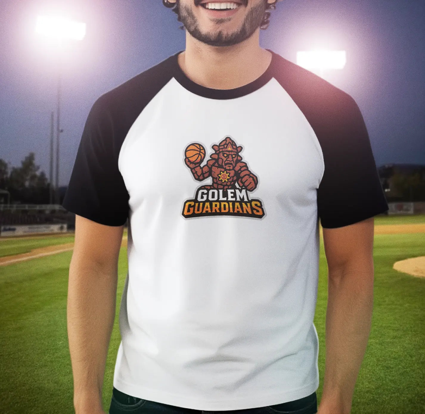 Person wearing a 'Golem Guardians' t-shirt from Terraria on a sports field